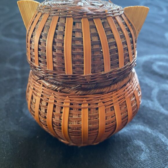 Vintage Owl Basket Woven Wicker Rattan Trinket Storage Box Farmhouse Boho MCM - Picture 2 of 8